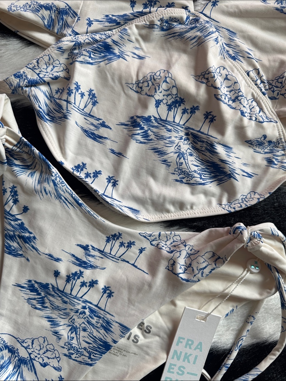 Frankie's Bikinis Cream and Blue Island Print Halter Bikini Set - Picture 2 of 3